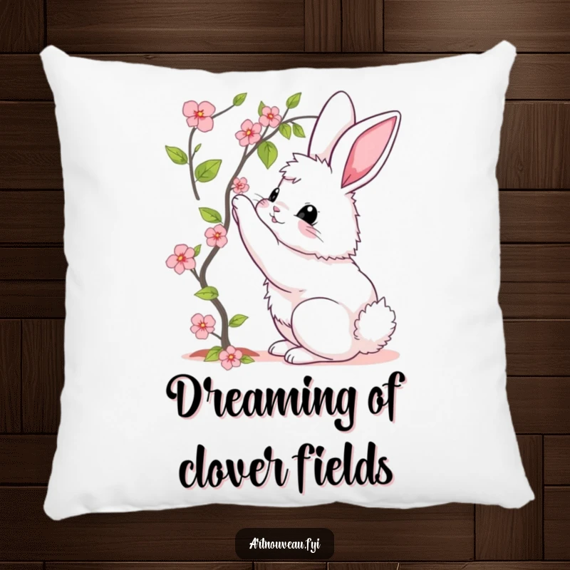 Funny pillow decorated with a fluffy bunny showing elegant curves, reaching for a blooming vine, enhancing home decor.