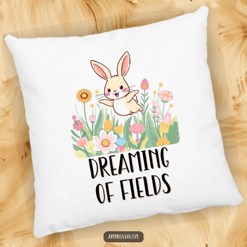 Funny pillow with a smiling hare leaping through a field of beautifully patterned plants, offering cozy comfort and natural charm.