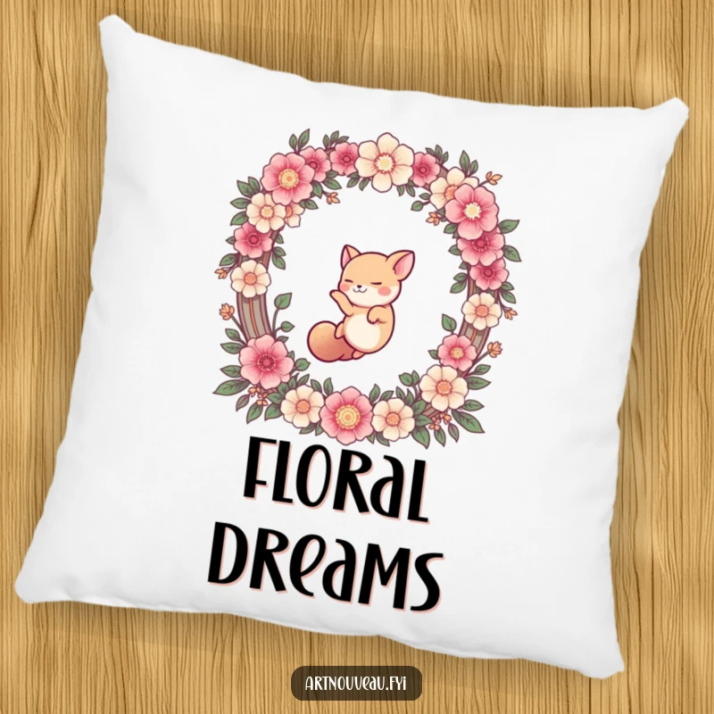 Funny pillow showcasing a cute animal in mid-air, diving through a beautiful floral arch, bringing a humorous and artistic element to home.