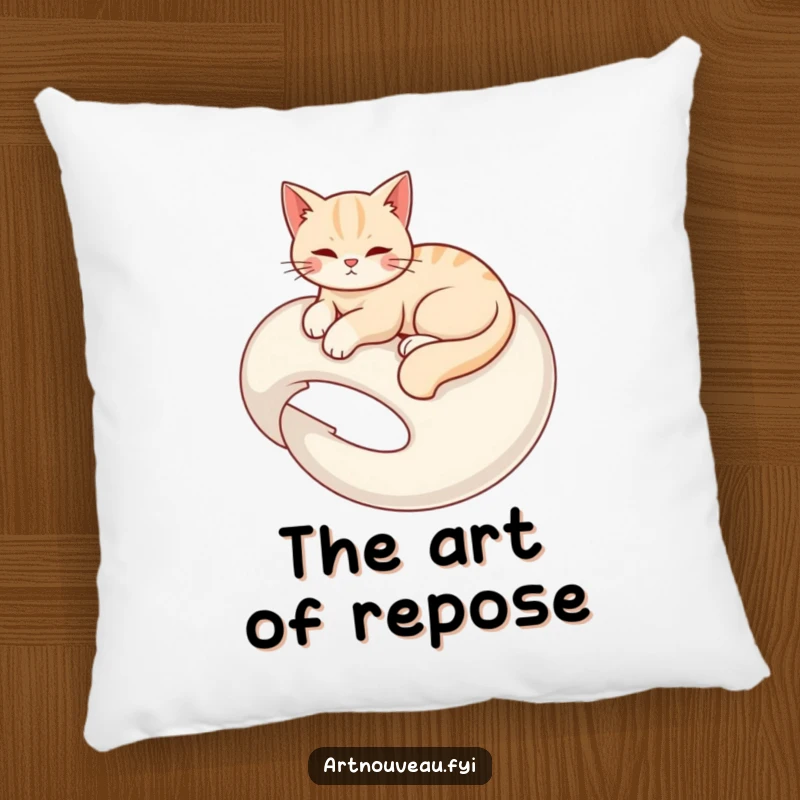 Funny pillow decorated with a graceful cat elegantly lounging on a swirling organic form, enhancing comfort and decor.