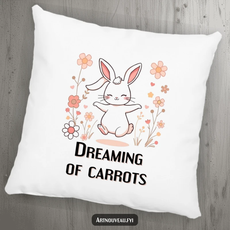 Funny Charming Rabbit Pillow: A soft pillow depicting a rabbit dancing among stylized flowers, bringing cheerful comfort.
