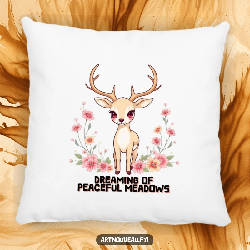 Funny Pillow: Graceful deer with elongated antlers amidst floral motifs, a soft and elegant decorative accent.