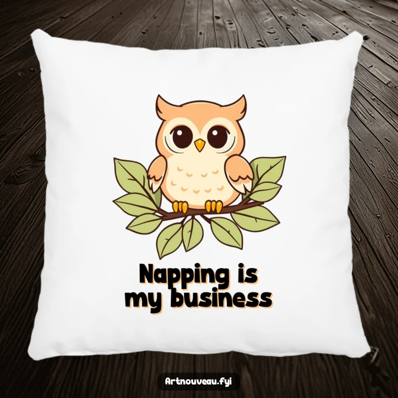 Funny Pillow: Playful owl with curved details floating on stylized leaves, a soft and decorative art nouveau accent.