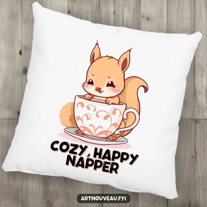 Funny pillow featuring a happy squirrel daintily sipping from a decorative, spiraling cup, adding comfort and cute humor.