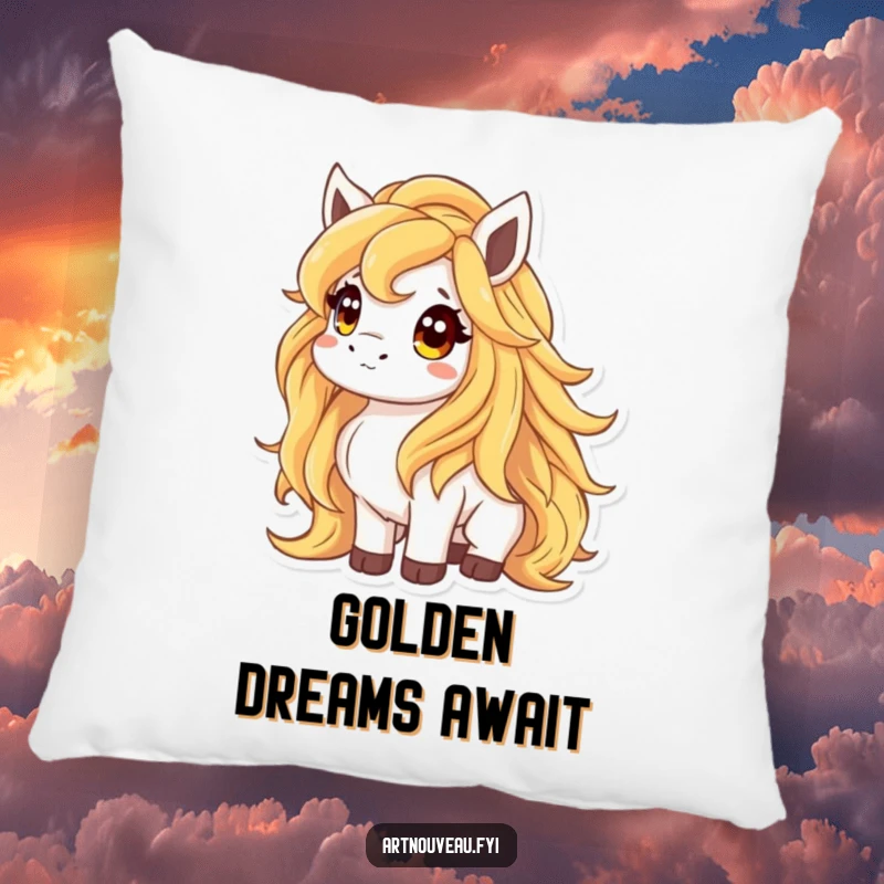 Funny pillow showcasing an animal with a flowing mane like liquid gold, looking up curiously, offering cozy comfort and magical decor.