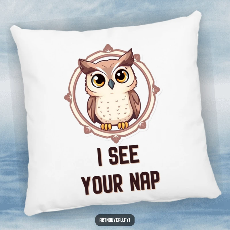 Funny Owl Pillow with a curious owl having large, expressive eyes looking through a decorative circular frame, ensuring comfort and laughs.