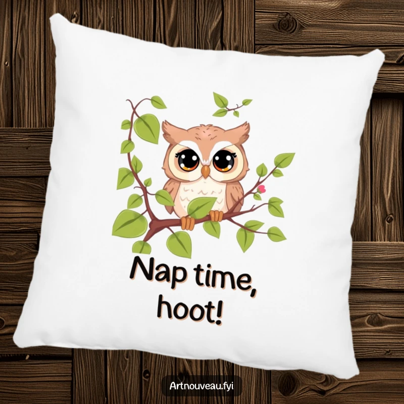 Funny cute owl pillow, curious eyes peeking from behind a vine, soft and decorative, a humorous gift.
