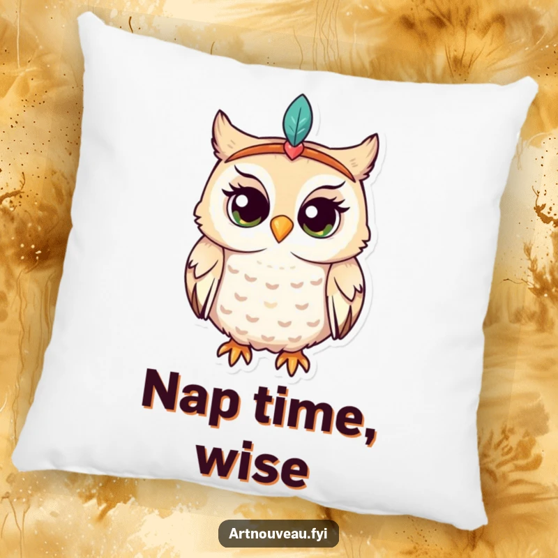 Funny owl pillow, whimsical bird in feathered headband, enchantingly curious, decorative cushion, perfect funny gift for relaxation.