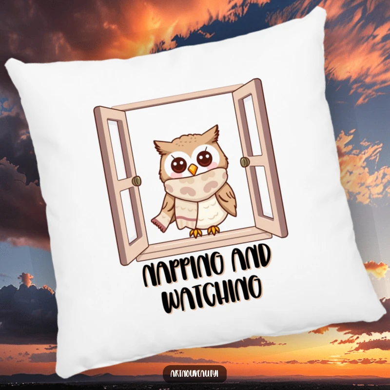 Funny owl pillow with a cute owl wearing a scarf peeking from a window, providing comfort and decorative flair.
