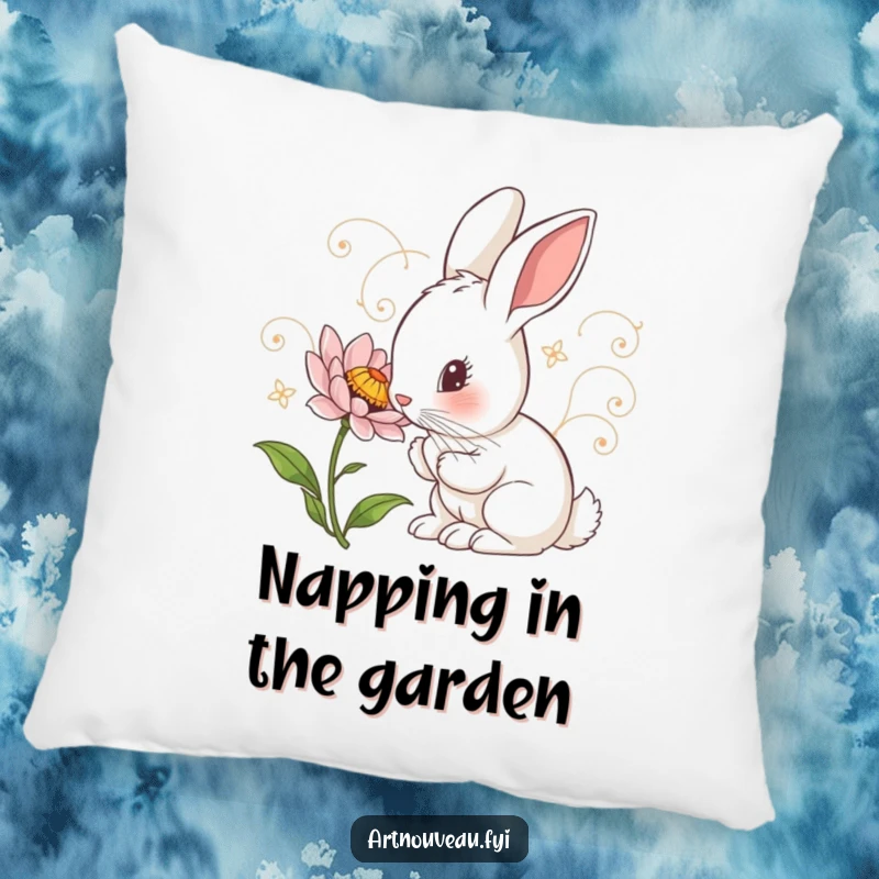 Funny Pillow: Curious rabbit with art nouveau swirls inspecting a detailed flower, a soft and decorative accent.