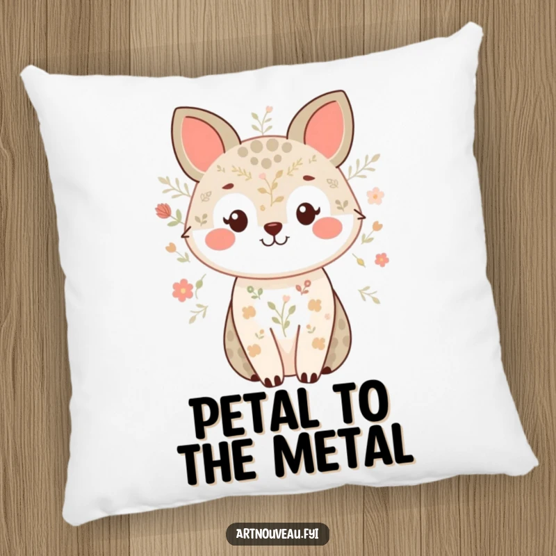 Funny throw pillow with a smiling animal and intricate nature patterns, providing sweet comfort and a touch of humor.