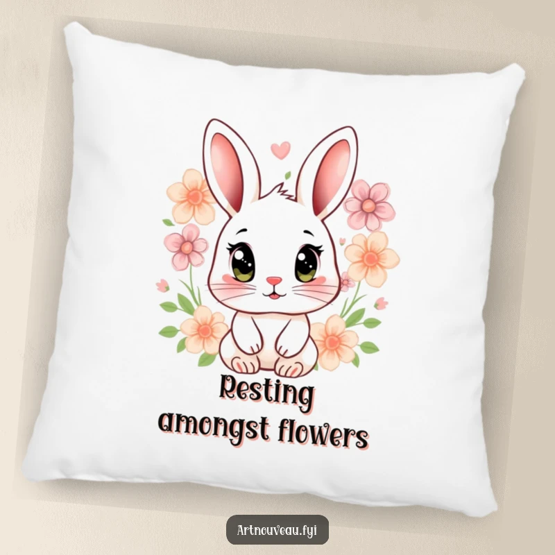 Funny rabbit pillow with a stylized rabbit, large expressive eyes, and floral motifs, offering decorative comfort.