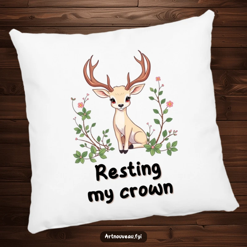 Funny Pillow: A soft cushion showcasing an animal with elegant, curved antlers posing amidst beautifully detailed artistic vines.