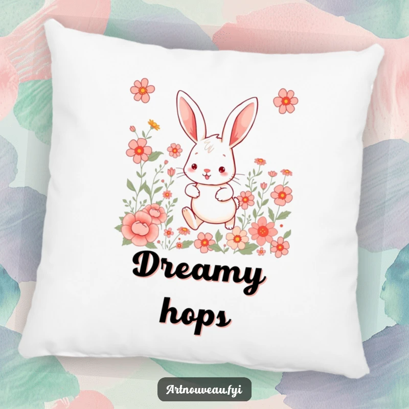 Whimsical rabbit pillow, with a cute hare hopping through artful floral patterns, soft and decorative for any room.