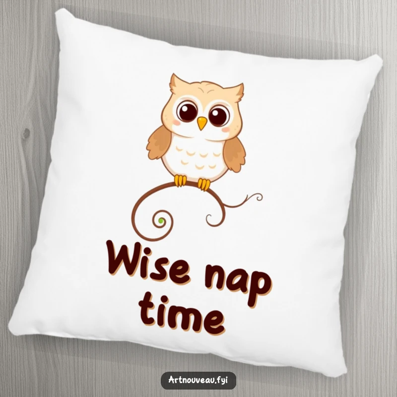 Funny Pillow: A happy owl perched precariously on a looping, decorative tendril, adding comedic charm and softness.