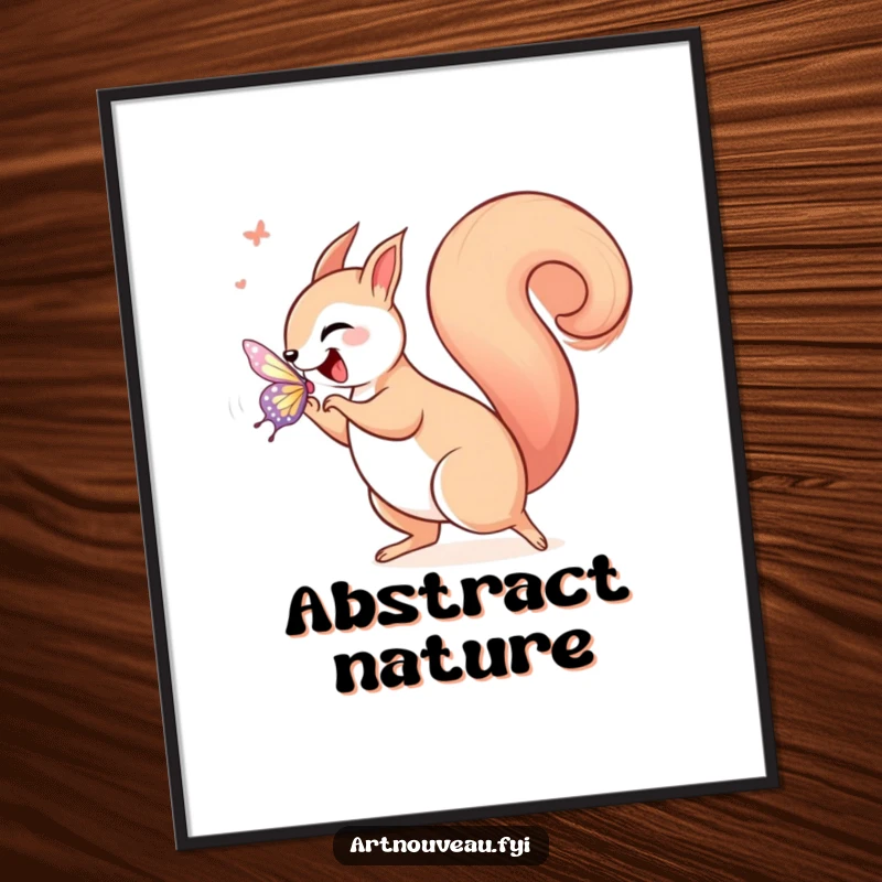 Funny squirrel in art nouveau style, joyfully chasing a shimmering butterfly with a curled tail, available as a high-resolution digital art print.