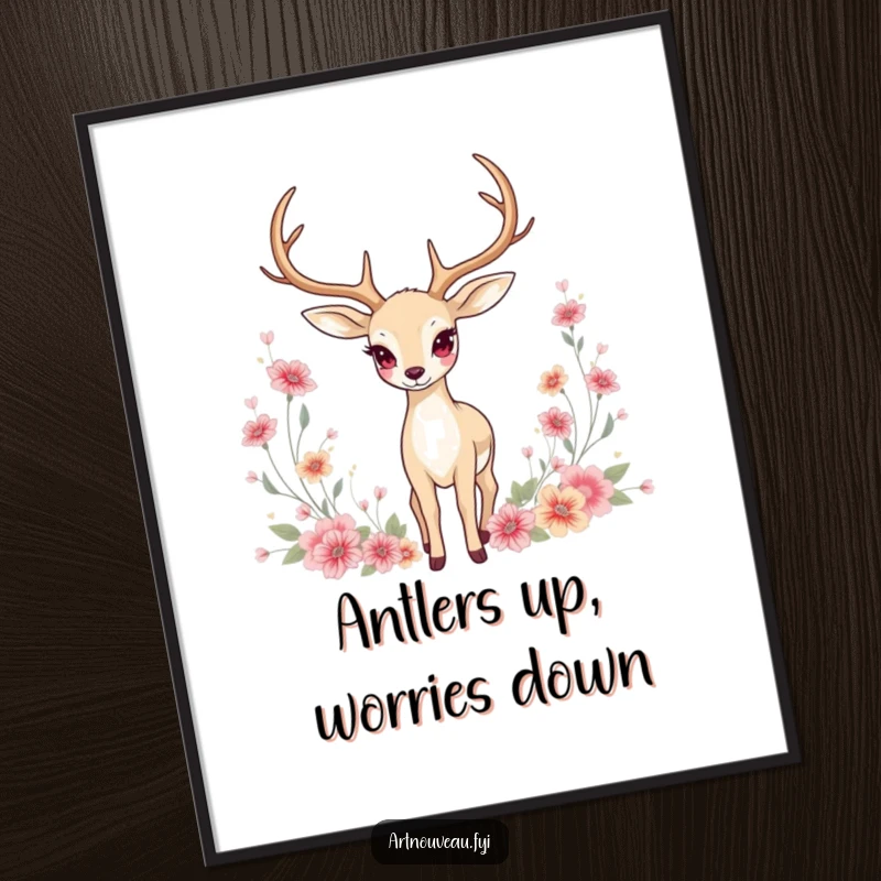 Funny Digital Art: Graceful art nouveau illustration of a deer with elongated antlers amidst floral motifs, ready to print.