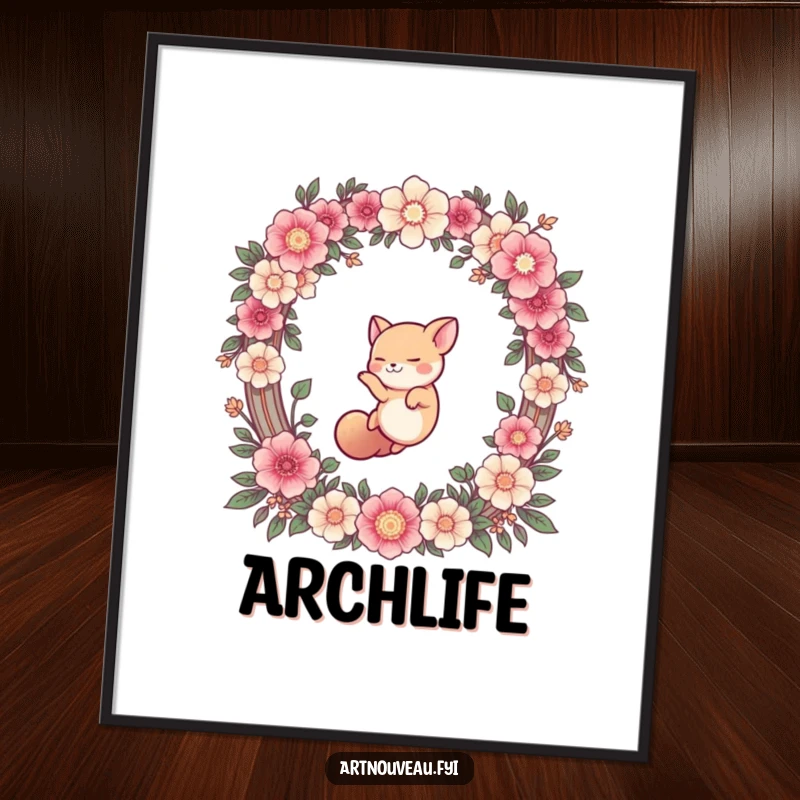 Funny digital art print of a cute animal gracefully diving through an ornate floral arch, perfect for vibrant, humorous, and elegant home decor.