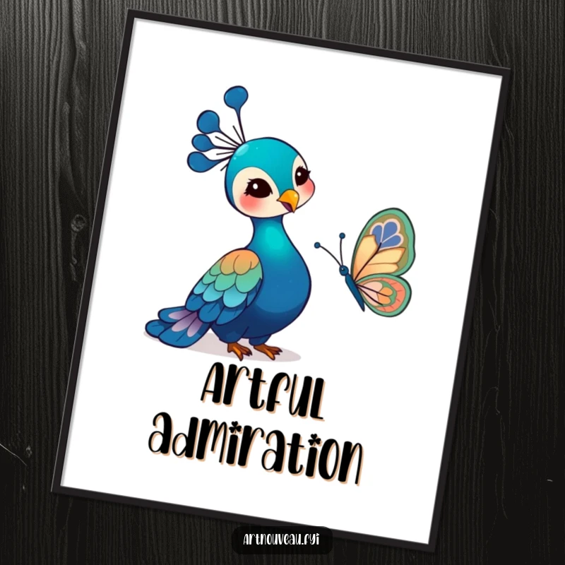 Funny Art Nouveau Peacock Digital Art Print of a gentle bird watching an art nouveau butterfly, offering instant artistic and humorous wall decor.