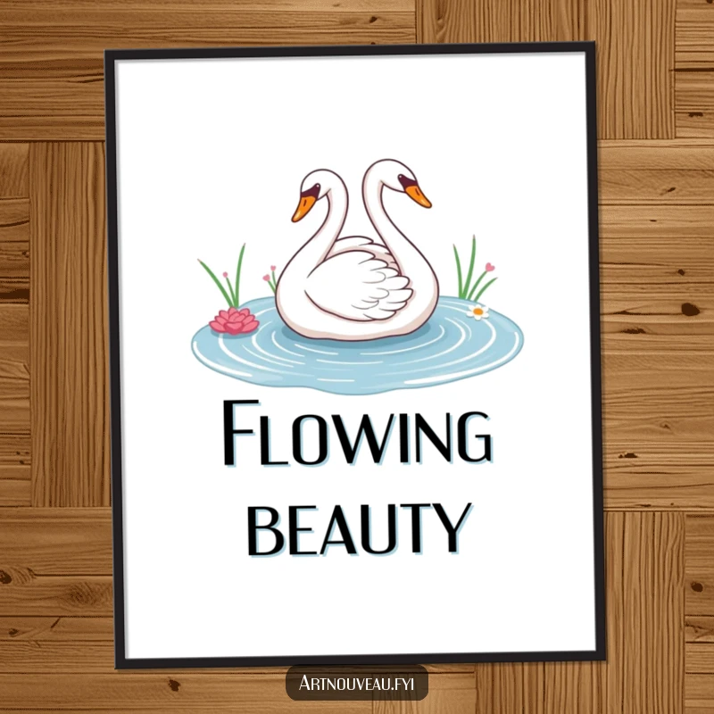 Elegant swan digital art print with graceful sweeping lines across a decorative pond, ideal for instant download and serene artistic display.