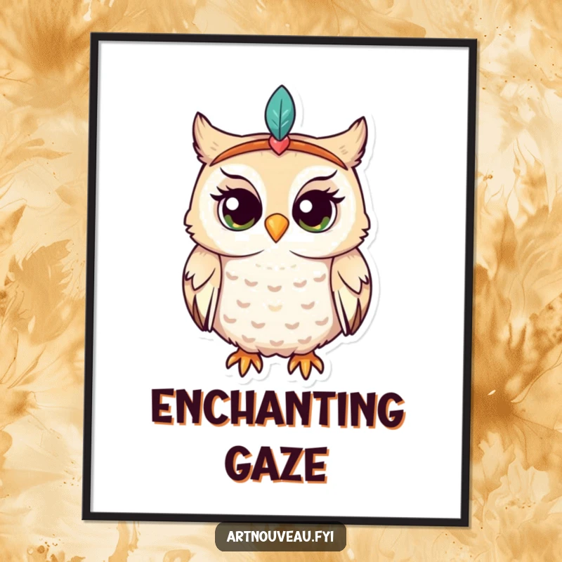 Funny owl digital art print, whimsical bird in feathered headband, enchantingly curious, downloadable art, perfect funny gift.