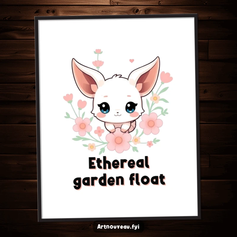Funny Creature Digital Art Print: Creature with flowing ears floats amid stylized floral elements, offering instant whimsical humor and art for walls.