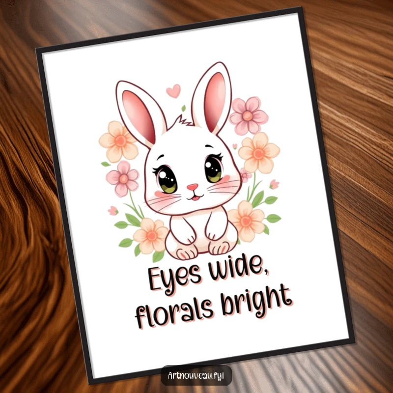 Funny rabbit digital art print of a stylized rabbit with expressive eyes and floral motifs, offering instant charm.