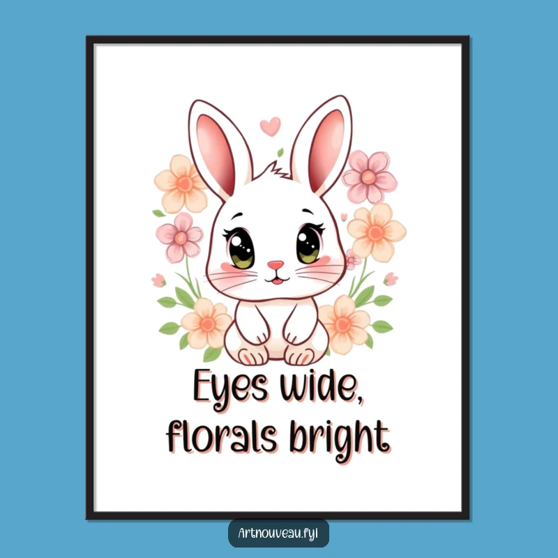 Funny Rabbit Floral Digital Art: Expressive Eyes Print Gift