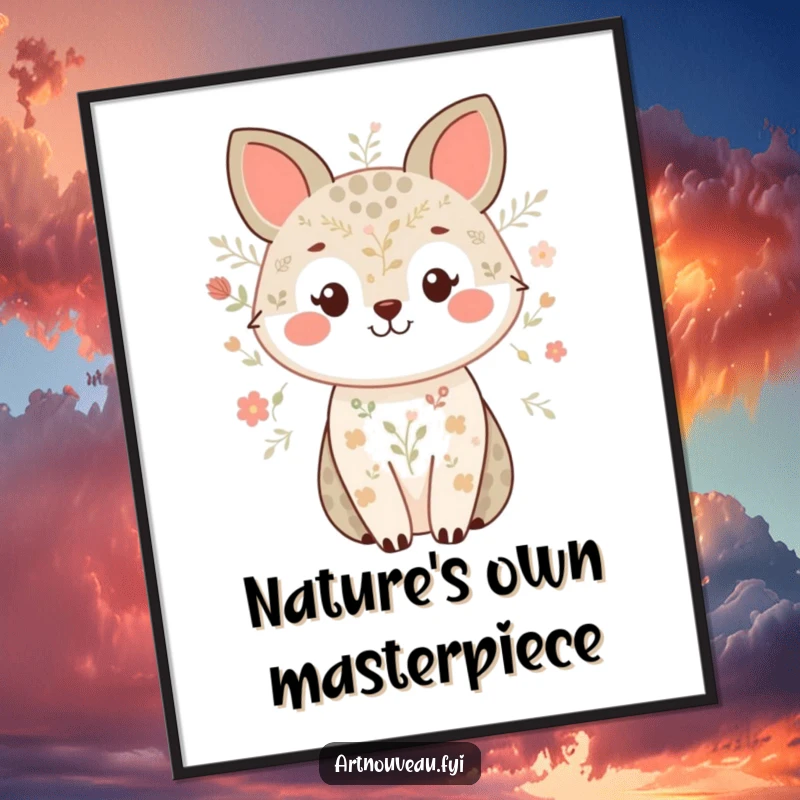 Funny digital art print of a sweetly smiling animal adorned with intricate nature patterns, perfect for charming decor.