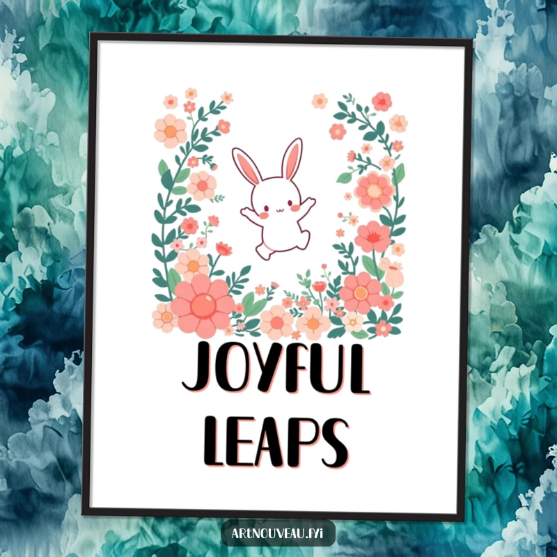 Funny Digital Art: A small bunny character leaping joyfully through a cascade of stylized floral patterns, offering instant spring cheer.