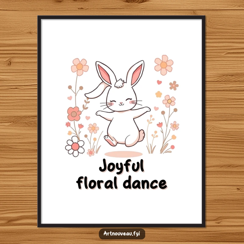 Funny Charming Rabbit Digital Art Print: A rabbit dances among stylized flowers, bringing instant whimsy and humor to your screen.