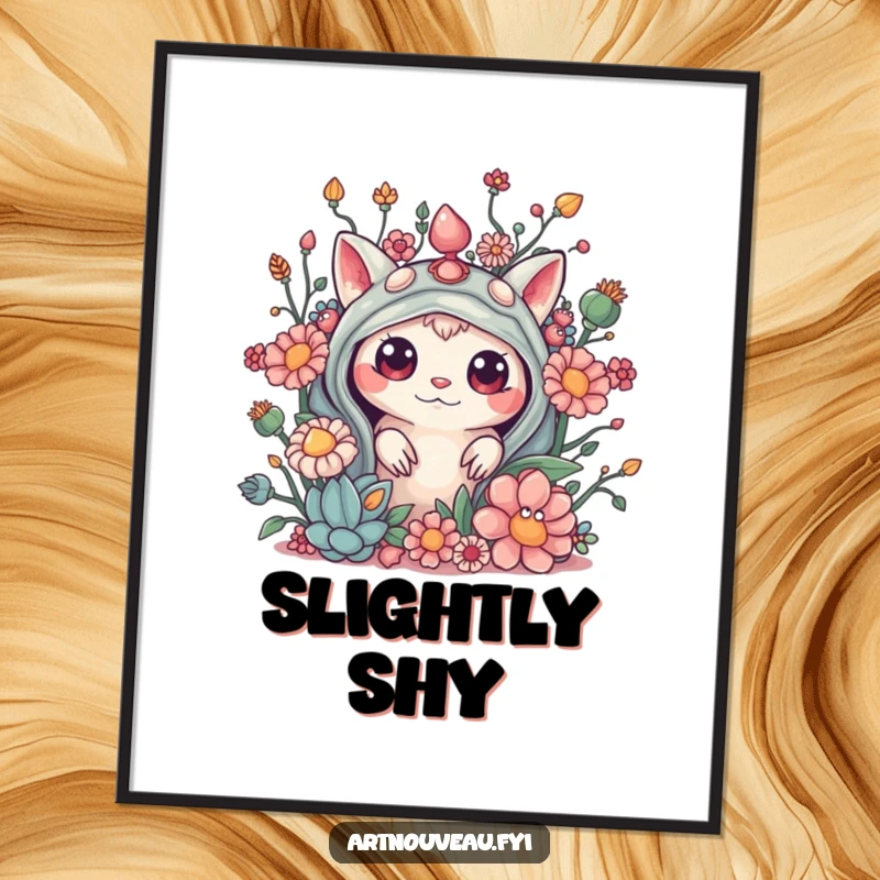 Funny digital art print of a curious creature peeking from behind elaborate, organic embellishments, providing instant whimsical decor.