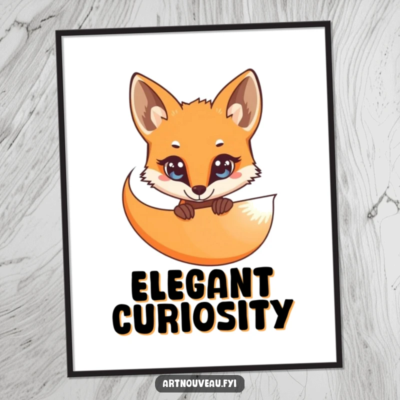 Funny Digital Art: A curious fox with bright eyes peeking from behind a flowing, organic curve of elegant lines, offering instant witty decor.