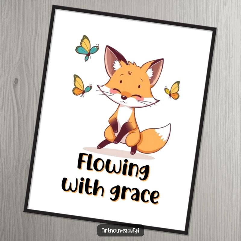 Funny fox digital art print featuring a whimsical fox and butterfly in elegant lines, celebrating nature and art.