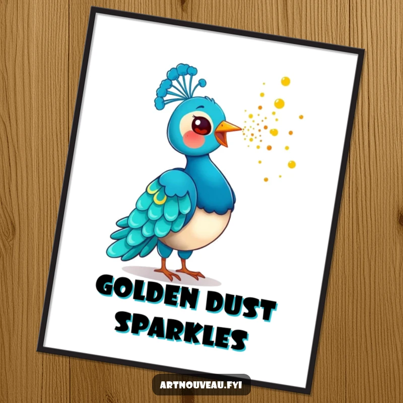 Funny Golden Dust Peacock Digital Art Print of a playful bird scattering golden dust, offering instant magical and humorous wall decor.