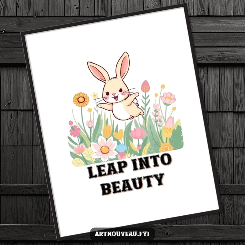 Funny digital art print of a smiling hare leaping through a field of beautifully patterned plants, perfect for instant joyful wall decor.