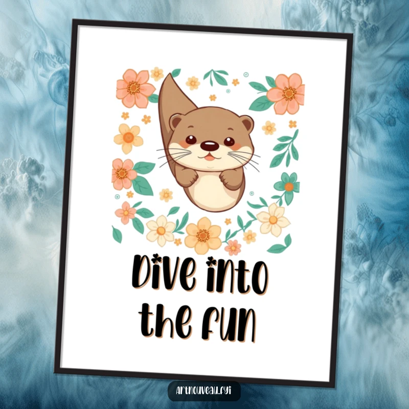 Funny digital art print of a playful otter joyfully diving through decorative floral patterns, perfect for vibrant decor.