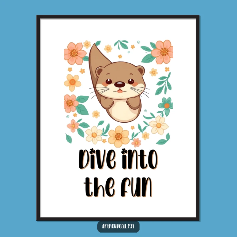 Funny Otter Dive Digital Art: Playful Otter, Floral Patterns, Instant Funny Gift