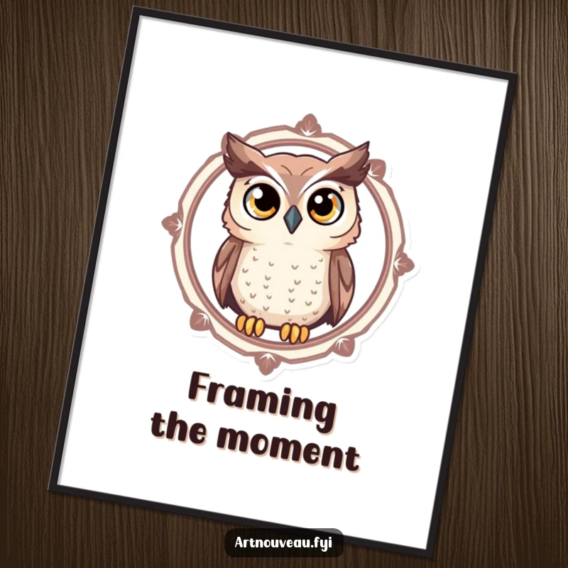 Funny Owl Digital Art Print of a curious owl with large, expressive eyes looking through a decorative circular frame, ready to download.