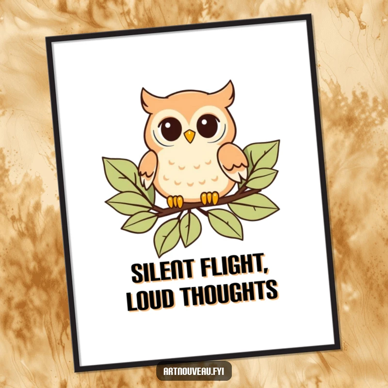Funny Digital Art: Playful art nouveau illustration of an owl floating on stylized leaves, ready to print for decor.