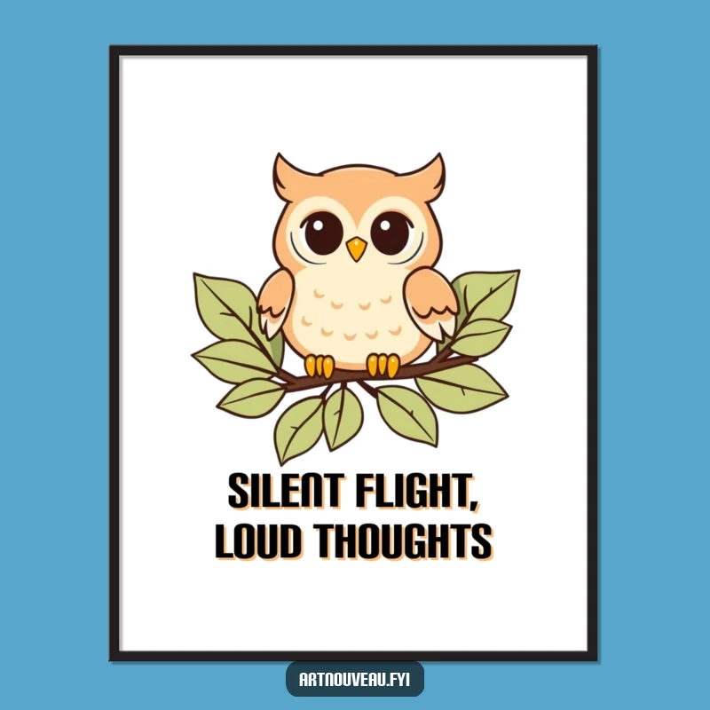 Funny Owl Digital Art: Playful Art Nouveau Download, Stylized Leaves, Gift