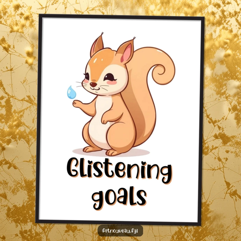 Funny squirrel digital art print showcasing an elegant swirling tail and a dewdrop, ideal for instant download and whimsical online or print display.