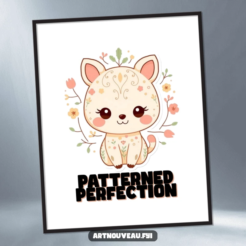 Funny digital art print of a sweet animal character smiling, adorned with detailed nature-inspired patterns, ideal for instant, charming wall decor.