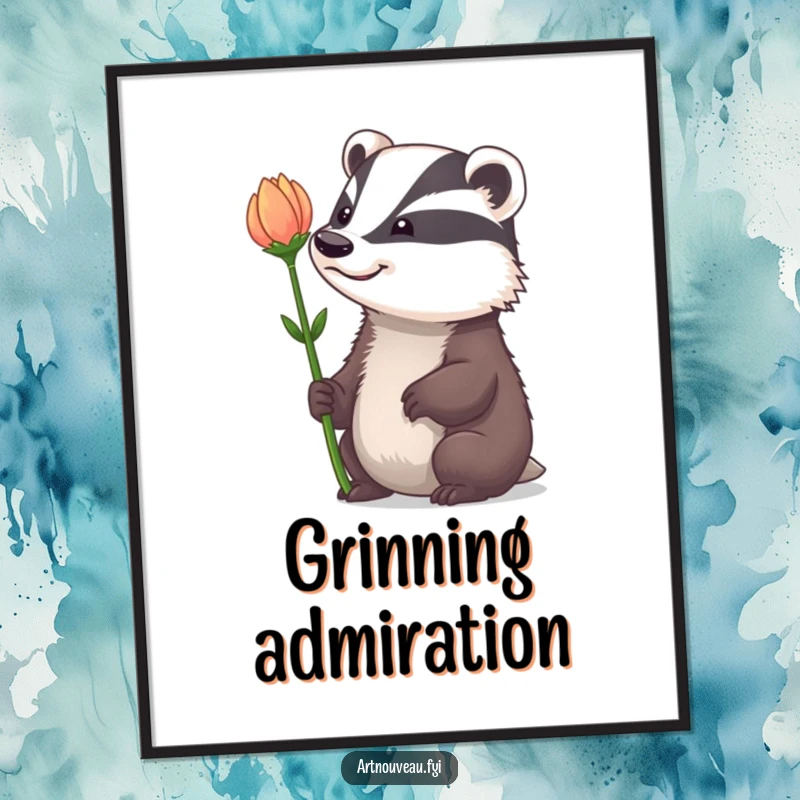 Funny Digital Art: A badger with a whimsical grin admiring a dramatically curved flower stem, offering instant woodland charm.