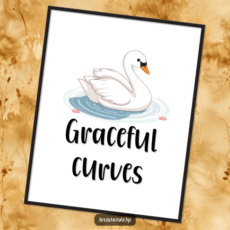 Funny cute swan with elegant curves gliding gracefully on a shimmering decorative pond, available as a high-resolution digital art print.