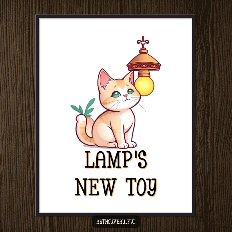 Funny cat digital art print, a curious cat with elegant curves batting at a decorative hanging lamp, instant download.