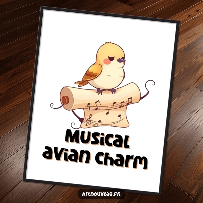 Funny Bird Digital Art Print: Small bird on a decorative, flowing musical scroll, offering instant artistic humor and melody to walls.
