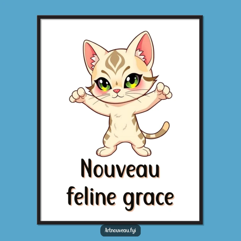 Funny Feline Digital Art: Dynamic Art Nouveau Cat Print for Instant Style