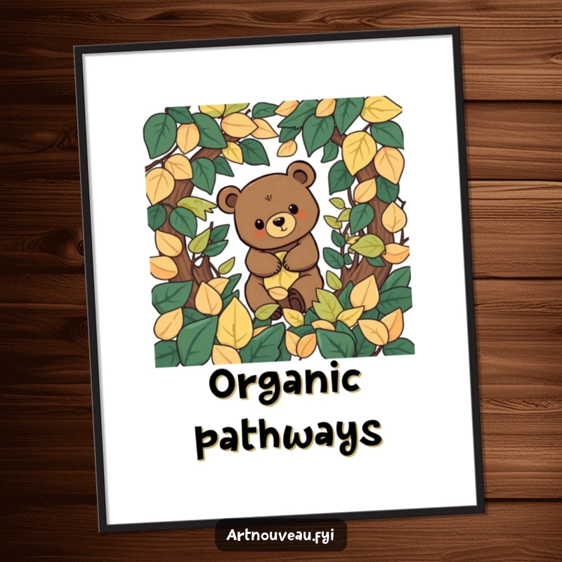 Funny stylized bear with organic shapes exploring a decorative labyrinth of leaves, available as a high-resolution digital art print.