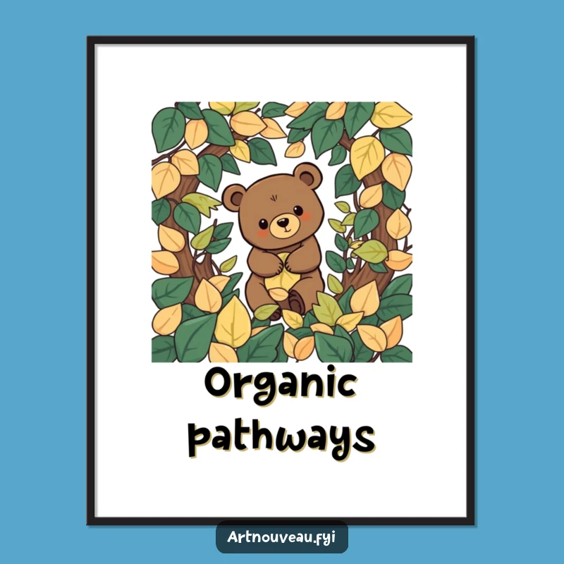 Instant Funny Bear Leaf Labyrinth Print, Organic Exploration Art, Nature Digital Download